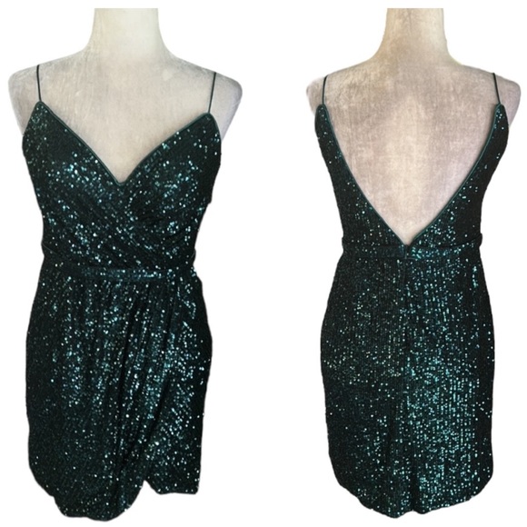 PromGirl Emerald Green Sequin Wrap Front Open Back Mini Dress - 8 - Picture 1 of 11